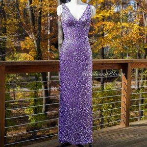 Vintage 100% Silk Elegant Purple Sequin Evening Gown Prom Dress